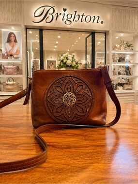 Brighton Ferrara Aida Organizer Whiskey Brown Leather Sterling Silver Medallion